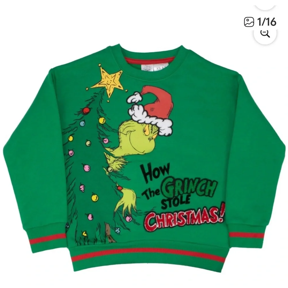 NWT THE GRINCH Green How The Grinch Stole Christmas Sweatshirt Kids Size 6/7